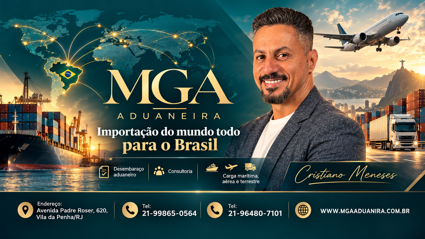 Cristiano Meneses em destaque na arte da MGA Aduaneira, com navio, avião e transporte rodoviário. Importação do mundo todo para o Brasil.